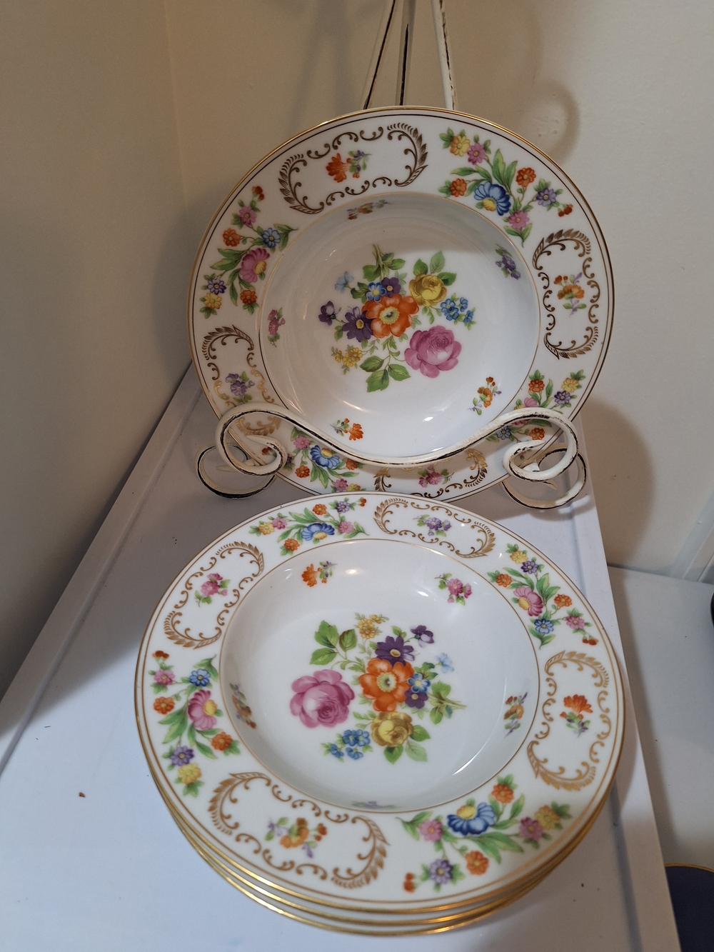 Gold-Trim Floral Porcelain Soup Bowls - White with Multicolor Flowers
